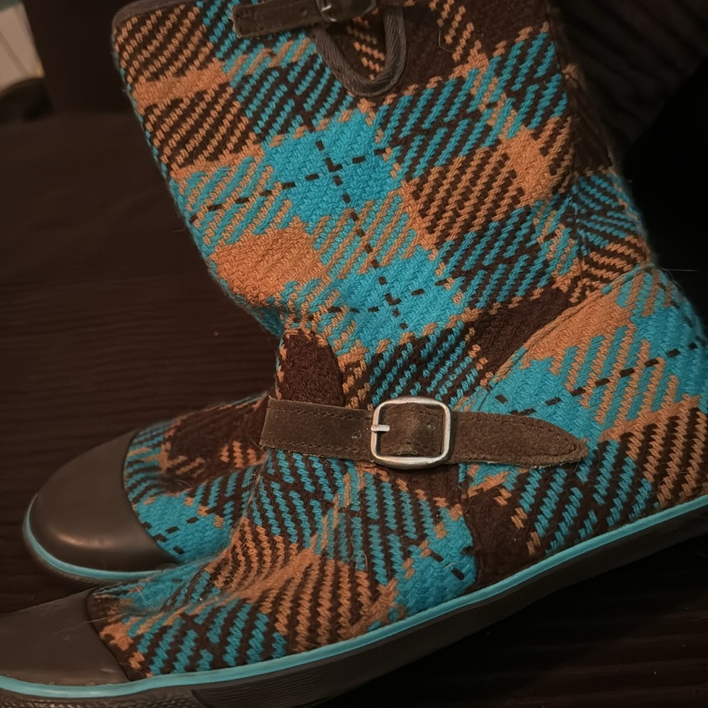 Turquoise brown plaid rain boots by sugar size 10